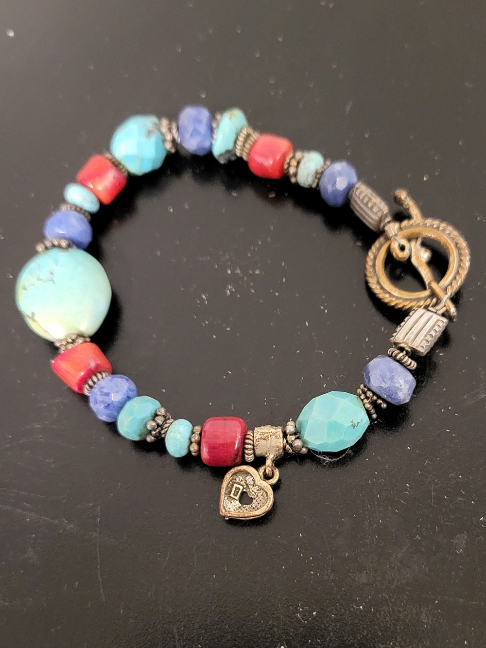 Turquoise & Red Beaded, 925 Heart Charm Bracelet